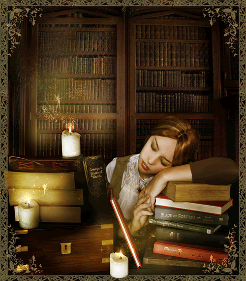 woman sleeping on books in candlelight